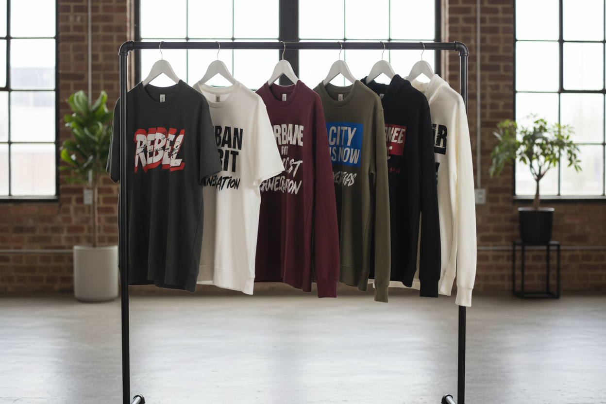 tshirt hoodie and sweatshirts  with text streetwear designs hanging